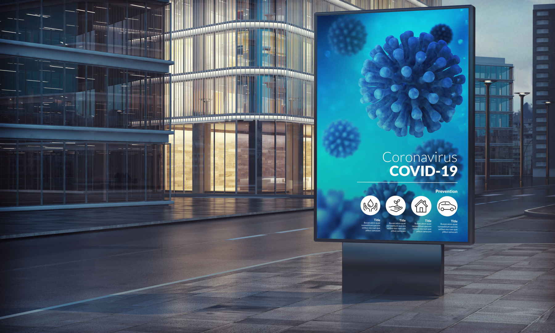 Coronavirus billboard in city night 3d rendering