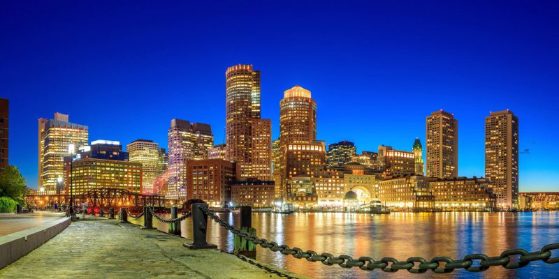 Boston Harbor and Financial District at twilight, Massachusetts.